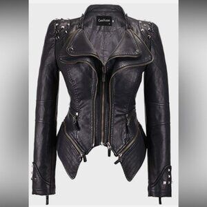 Chouyatou Studded Perfectly Shaping Faux Leather Biker Jacket 2XL